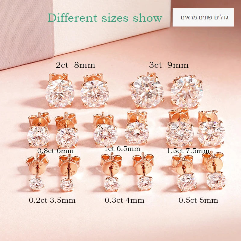 0.2-3CT Rose Gold Color Moissanite Stud Earrings for Women Sparkling Classic Wedding Lab Diamond Earring Pure 925 Silver