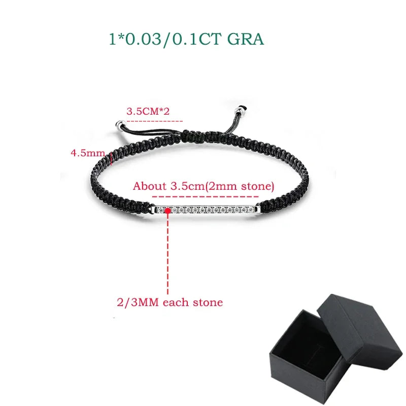 2/3mm Braided-rope Full Moissanite Bracelets for Women Men Adjustable Jewelry 100% 925 Sterling Silver Plated 18k Chain