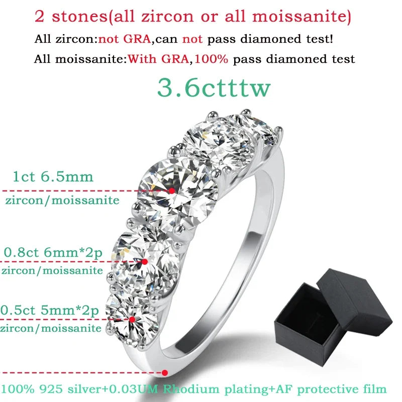 18k Plated 3.6CT All Moissanite Rings for Women 5 Stones Sparkling Diamond Wedding Band S925 Sterling Silver Jewelry GRA