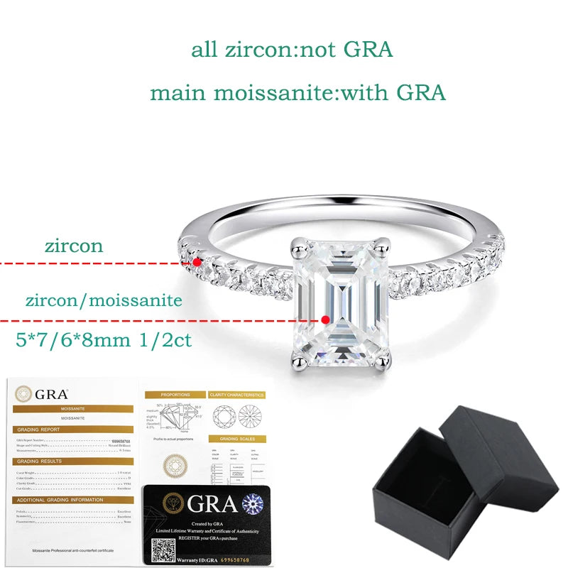 1CT 2CT Emerald/radiant Cut Moissanite Ring for Women Engagement Wedding Bride Sterling Silver 925 Jewelry GRA Certified